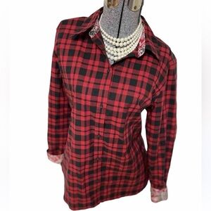 ⭐️Chaps,Ralph Lauren,Top Buffalo Plaid,No-Iron Blouse,Paisley Trim Shirt,Size XL